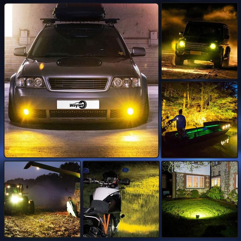 Waywe 2PCS 4" Amber LED Pods 36W Triple Row Flood Light Bar Fog Light 3600LM Driving Lighting with 16AWG Off Road Wiring Harness-2 Leads for Truck Golf Cart SUV ATV UTV Boat, Clear,Yellow
