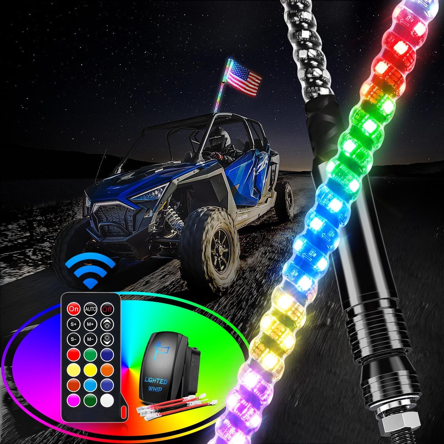 Waywe 1PC 3FT LED Whip Light Spiral RGB Chasing RF Remote Durable Lighted Antenna Whips w/ Rocker Switch for UTV ATV Truck Sand Rail Buggy Dune RZR Can-am