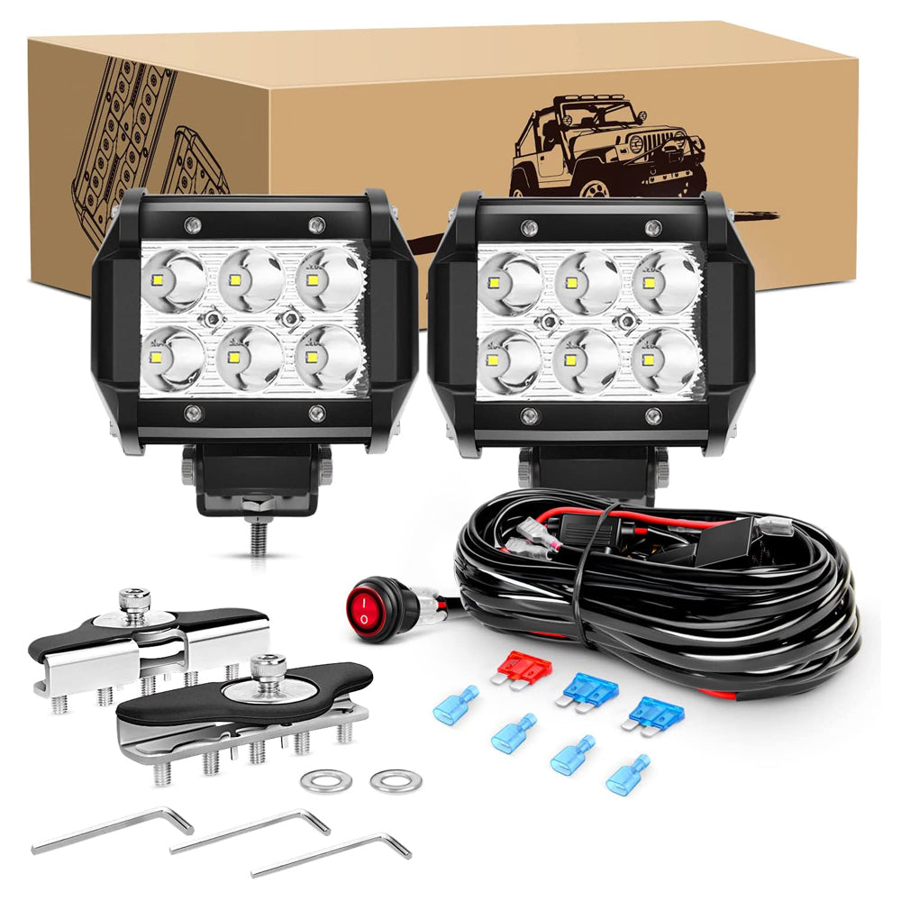 Waywe 2PCS 18W LED Pods Spot Light Bar Fog Light Universal Adjustable Pillar Hood Led Work Light with 16AWG Off Road Wiring Harness-2 Leads for Truck Golf Cart SUV ATV UTV Boat, White
