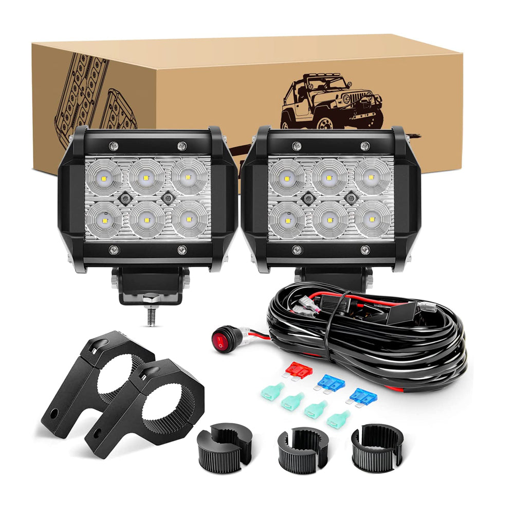 Waywe Led Light Pods 2PCS 4 Inch 18W Flood Light Offroad Lights LED Fog Lights Mounting Bracket Horizontal Bar Tube Clamp with Off Road Wiring Harness-2 Leads for Trucks Boat