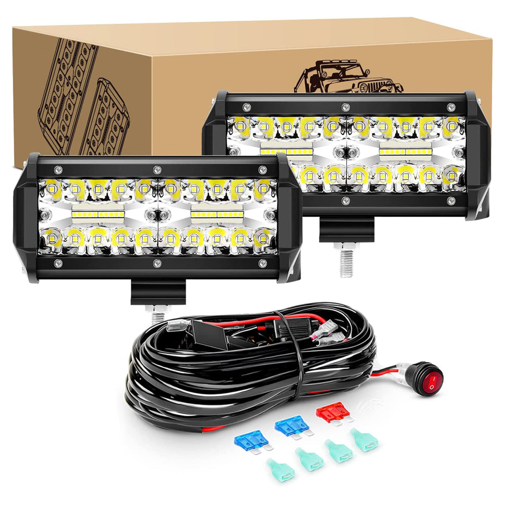 Waywe 2 Pcs 6.5 Inch 120W Flood Triple Row LED Pods with 16AWG 3Pin Wiring Harness-2 Leads