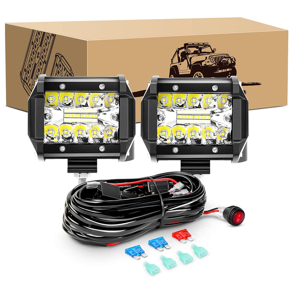 Waywe 2 Pcs 60W 4 Inch Triple Row Flood LED Pods with 16AWG 3Pin Wiring Harness-2 Leads