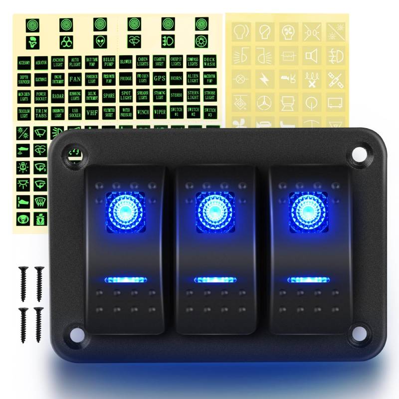 Waywe 3 Gang Aluminum Rocker Switch Panel Blue
