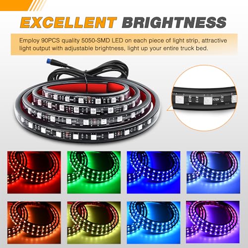 Waywe RGB Truck Bed Light Strip 3PCS 60" 270 LEDs Neon Accent Lighting with RF Remote On/Off Switch Splitter Extension Cable for 12 V Car Cargo Pickup SUV RV Boat