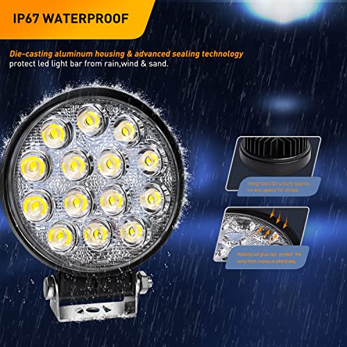 Waywe 2 PCS 4.5Inch 42W Led Round Lights Off Road led Flood Light 4200LM Driving Roof Pods Lamp Bumper Lights with 16AWG Wiring Harness Kit-2 Leads for Trucks Tractor ATV Jeep