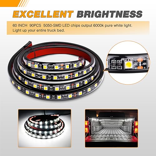 Waywe Truck Bed Light Strip 2PCS 60" 180 LEDs White Lighting Waterproof for 12V Car Cargo Pickup SUV RV Boat, On/Off Switch Blade Fuse 2-Way Splitter Cable