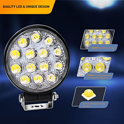 Waywe 2 PCS 4.5Inch 42W Led Round Lights Off Road led Flood Light 4200LM Driving Roof Pods Lamp Bumper Lights with 16AWG Wiring Harness Kit-2 Leads for Trucks Tractor ATV Jeep