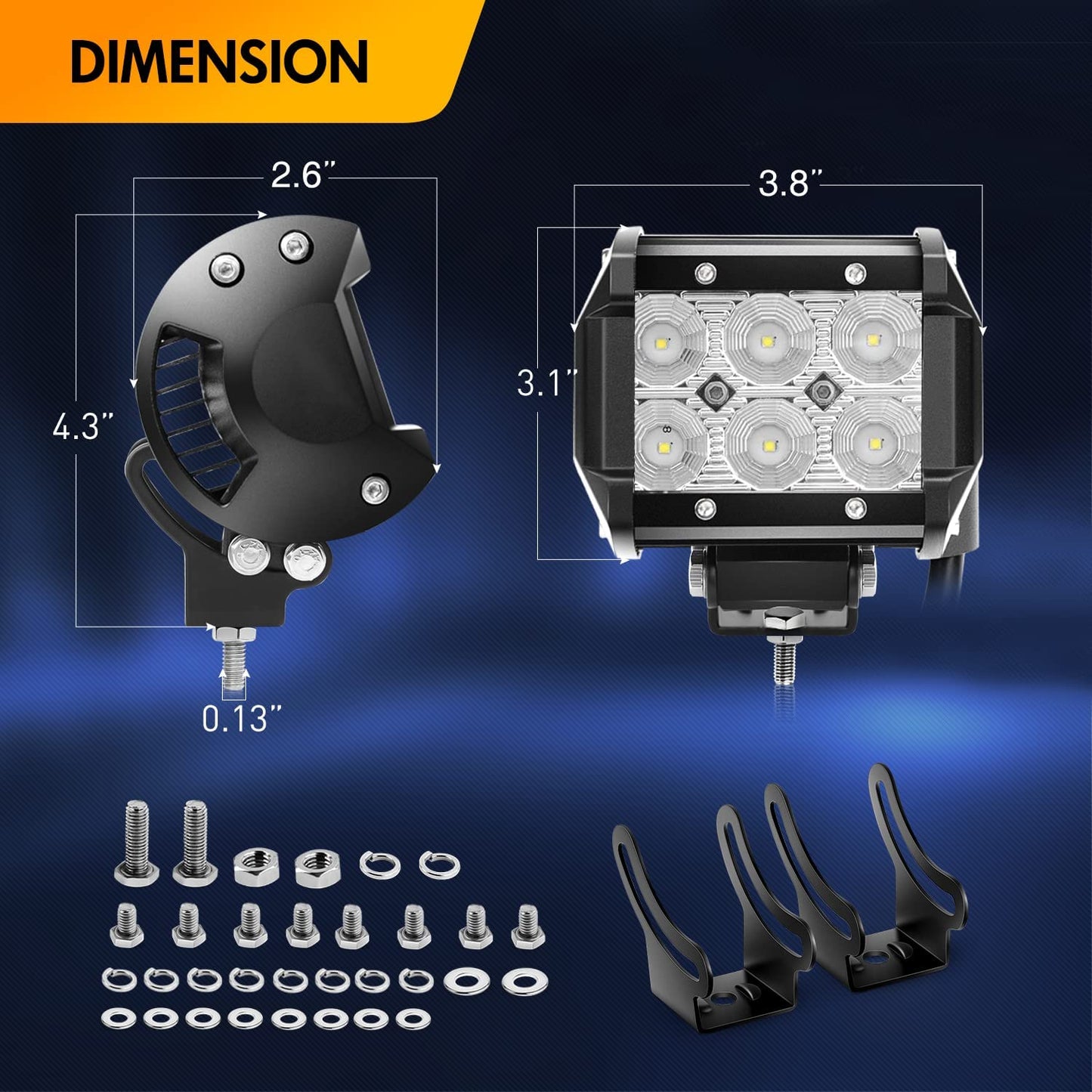 Waywe Led Light Pods 2PCS 4 Inch 18W Flood Light Offroad Lights LED Fog Lights Mounting Bracket Horizontal Bar Tube Clamp with Off Road Wiring Harness-2 Leads for Trucks Boat