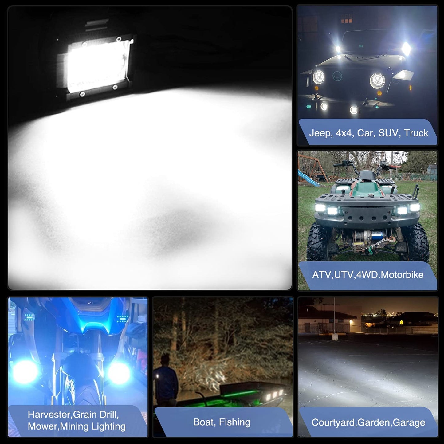 Waywe 4PCS 60W 4 Inch Triple Row LED Pods Flood Light Bar Fog Light Driving Lighting with 16AWG Off Road Wiring Harness-4 Leads for Truck Golf Cart SUV ATV UTV Boat, Clear,White