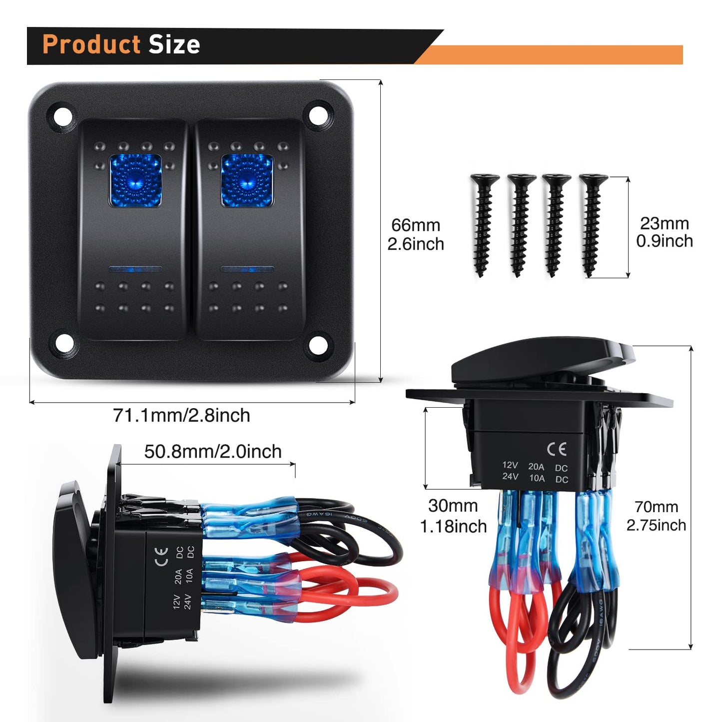 Waywe 2 Gang Rocker Switch Panel 12V 24V DC Blue Switches Aluminum Panel 5Pin ON Off PreWired Toggle Switch Panel Waterproof for Cars Boats ATVs UTVs