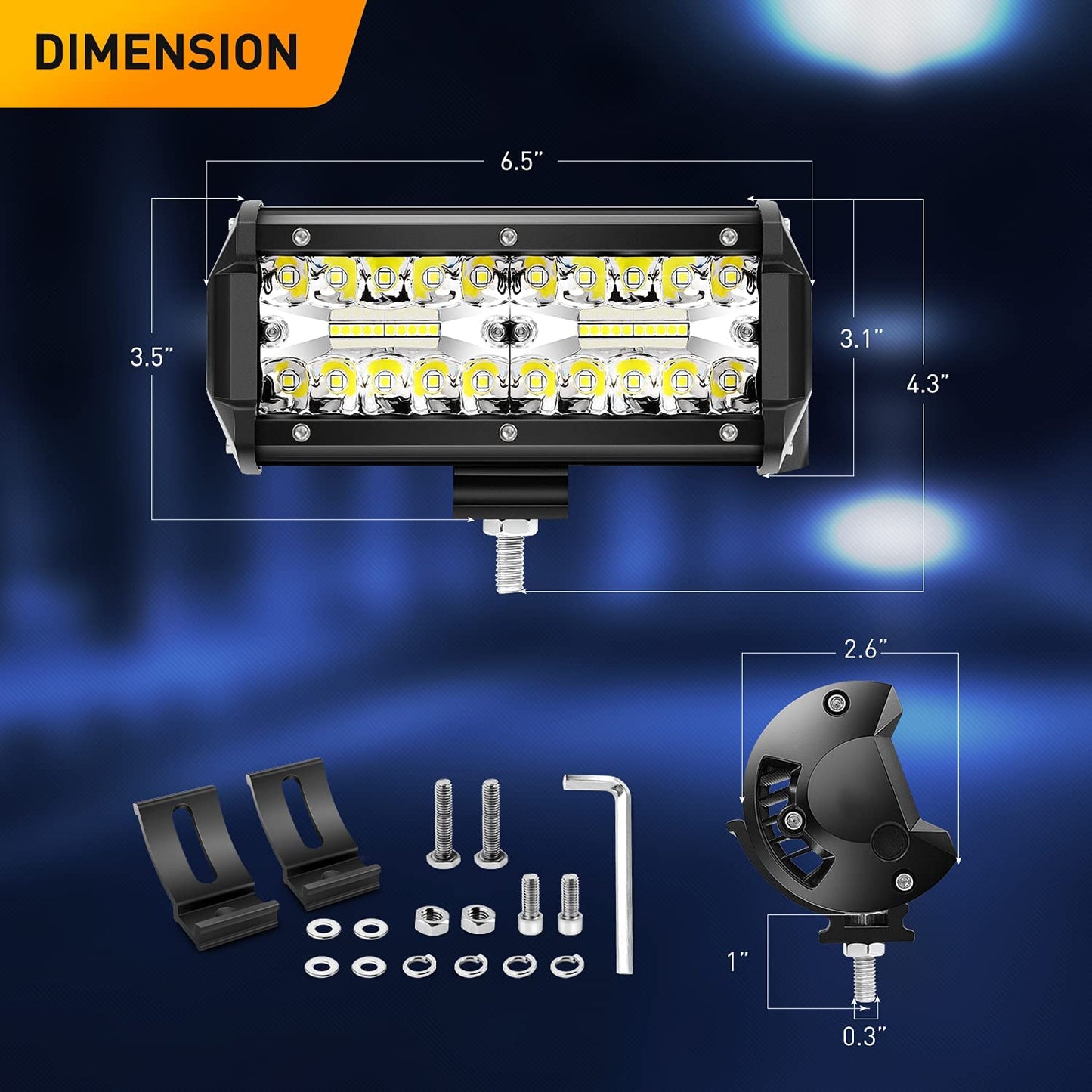 Waywe 2 Pcs 6.5 Inch 120W Flood Triple Row LED Pods with 16AWG 3Pin Wiring Harness-2 Leads