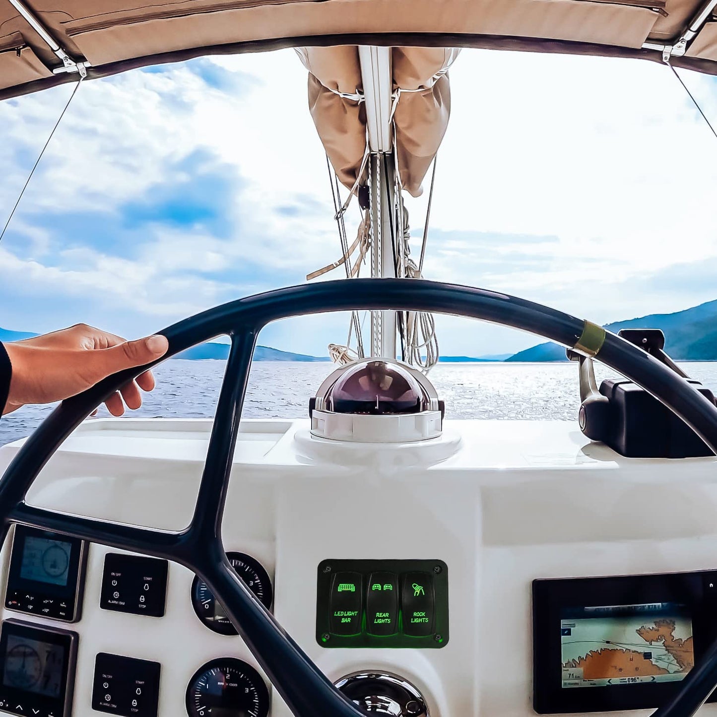 Waywe 3 Gang Rocker Switch Panel Aluminum 5 Pin ON Off Toggle Switch Panel LED Light Bar Switch SPST 12V 24V Green Switches for Marine Boats Cars ATVs UTVs