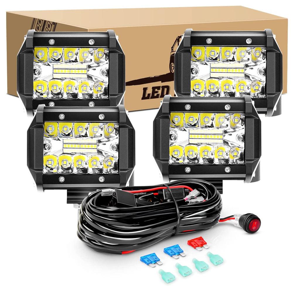 Waywe 4PCS 60W 4 Inch Triple Row LED Pods Flood Light Bar Fog Light Driving Lighting with 16AWG Off Road Wiring Harness-4 Leads for Truck Golf Cart SUV ATV UTV Boat, Clear,White