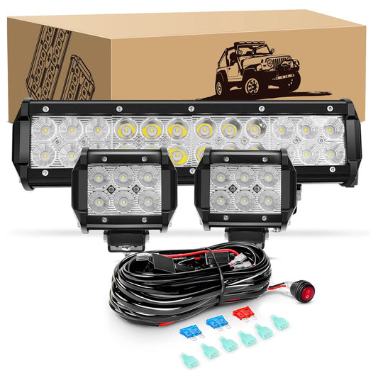 Waywe 12 Inch 72W Led Light Bar 2PCS 4 Inch 18W LED Pods with 16AWG Off Road Wiring Harness-3 Leads