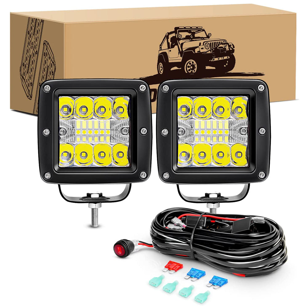 Waywe LED Cubes 2PCS 3Inch 42W LED Pods Driving Lights Spot Flood Offroad LED Work Light Fog Lights Boat Light with Wiring Harness Kit for Pickup Trucks UTV ATV SUV Motor Car