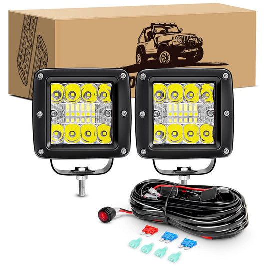 Waywe LED Cubes 2PCS 3Inch 42W LED Pods Driving Lights Spot Flood Offroad LED Work Light Fog Lights Boat Light with Wiring Harness Kit for Pickup Trucks UTV ATV SUV Motor Car