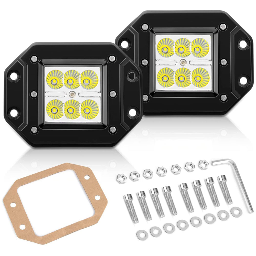 Waywe Led Light Bar 2 PCS 18W Flood Led Pods LED Work Light Flush Mount Off Road Backup Fog Lights Driving Lamp for Truck Dodge Ram Bumper Boat 4x4