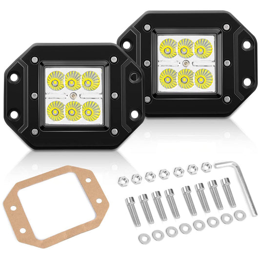 Waywe Led Light Bar 2 PCS 18W Flood Led Pods LED Work Light Flush Mount Off Road Backup Fog Lights Driving Lamp for Truck Dodge Ram Bumper Boat 4x4
