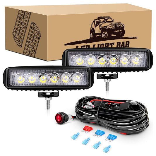 Waywe 2 PCS 18w Spot Led Light Bar Work Light Pods Off Road Driving Light Fog Light Reverse Lights with 16AWG Off Road Wiring Harness-2 Leads for Truck Truck Boat SUV ATV