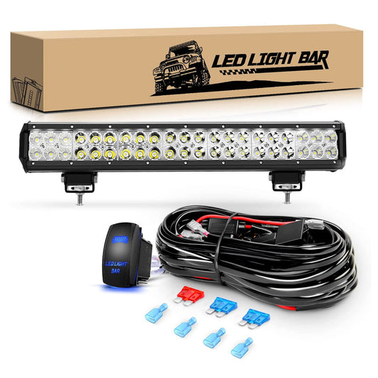 Waywe 20 Inch 126W 11340LM LED Light Bar Spot Flood Combo Boat Lighting Off Road Lights with 12V 5Pin Rocker Switch Wiring Harness kit for Truck Jeep Golf Cart