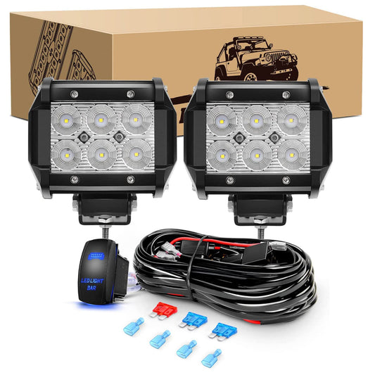 Waywe 2PCS 18W LED Pods Flood Light Bar Fog Light Driving Lighting with 12V 5Pin Rocker Switch Off Road Wiring Harness-2 Leads for Truck Golf Cart SUV ATV UTV Boat