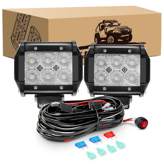 Waywe 2 Pcs 18W Flood LED Pods with 3Pin 16AWG Wiring Harness-2 Leads