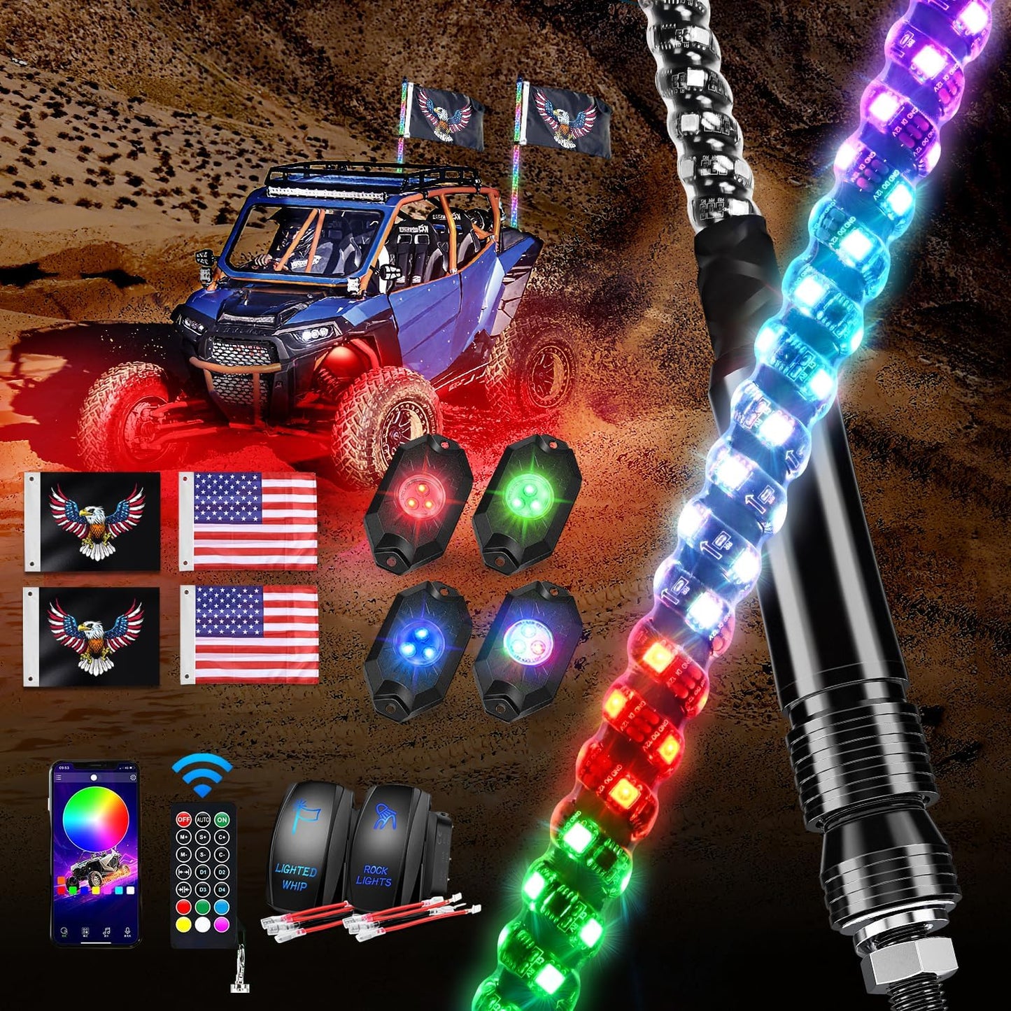 Waywe 2 PCS 3FT LED Whip Light with 4PCS Rock Lights Kit Spiral RGB Chasing App Remote Control Stop Turn Reverse Lighted Whips for UTV ATV Truck Buggy Dune RZR