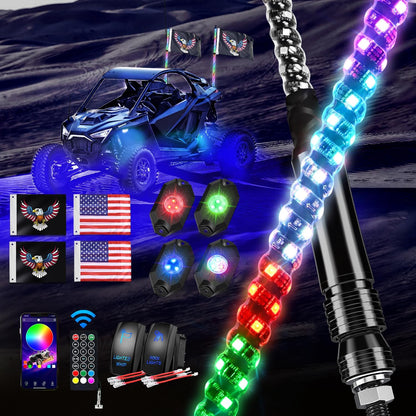 Waywe 2 PCS 4FT LED Whip Light with 4PCS Rock Lights Kit Spiral RGB Chasing App Remote Control Stop Turn Reverse Lights Whips for UTV ATV Truck Buggy Dune RZR