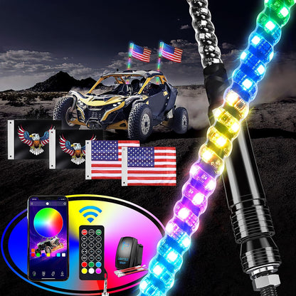 Waywe 2 PCS 5FT LED Whip Light Spiral RGB Chasing Bluetooth App RF Remote Control Stop Turn Reverse Light Antenna Whips for UTV ATV Truck Buggy Dune RZR Can-am