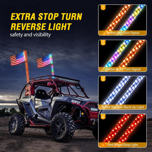 Waywe 2 PCS 6FT LED Whip Light with Spring Base RGB Lighted Bluetooth App RF Remote Control Stop Turn Reverse Lights Antenna Whips for UTV ATV Truck Buggy Dune RZR Can-am