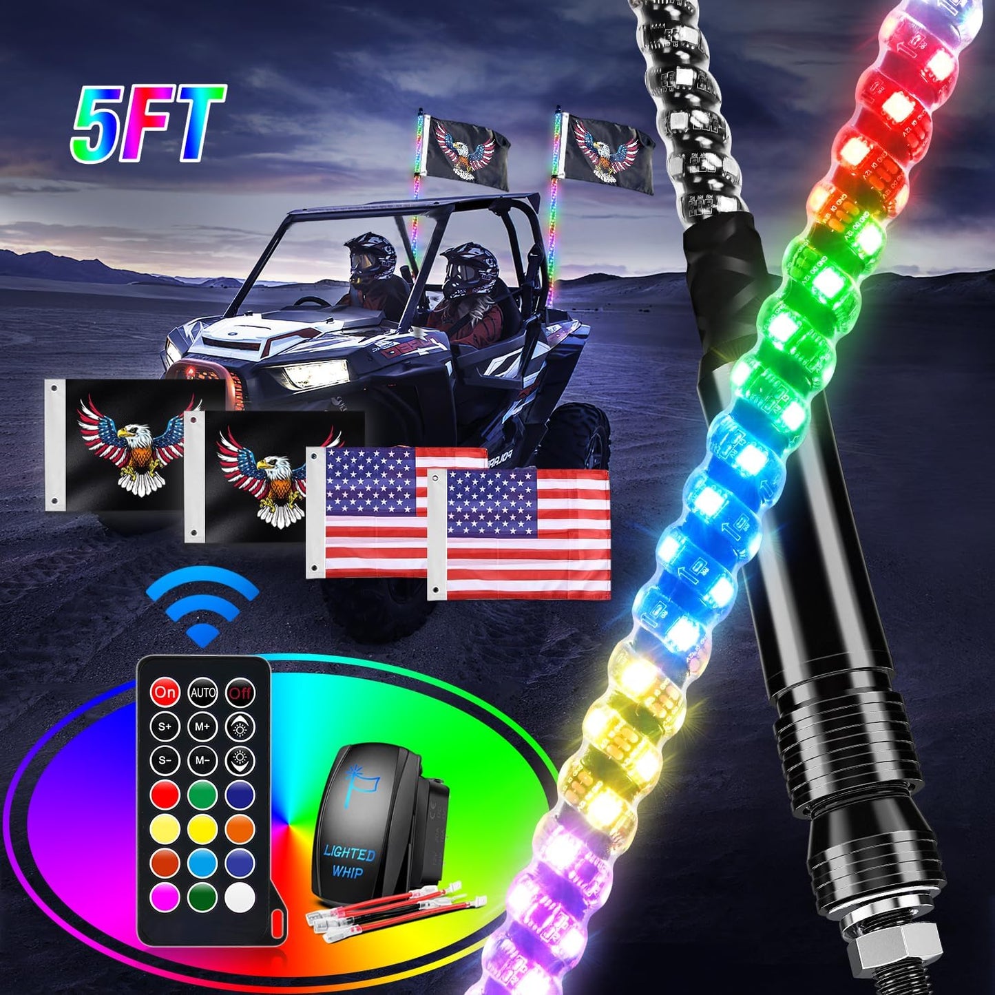 Waywe 2 PCS 5FT LED Whip Light Spiral RGB Chasing RF Remote Durable Lighted Whips w/ Rocker Switch LED Antenna for UTV ATV Truck Sand Rail Buggy Dune RZR Can-am
