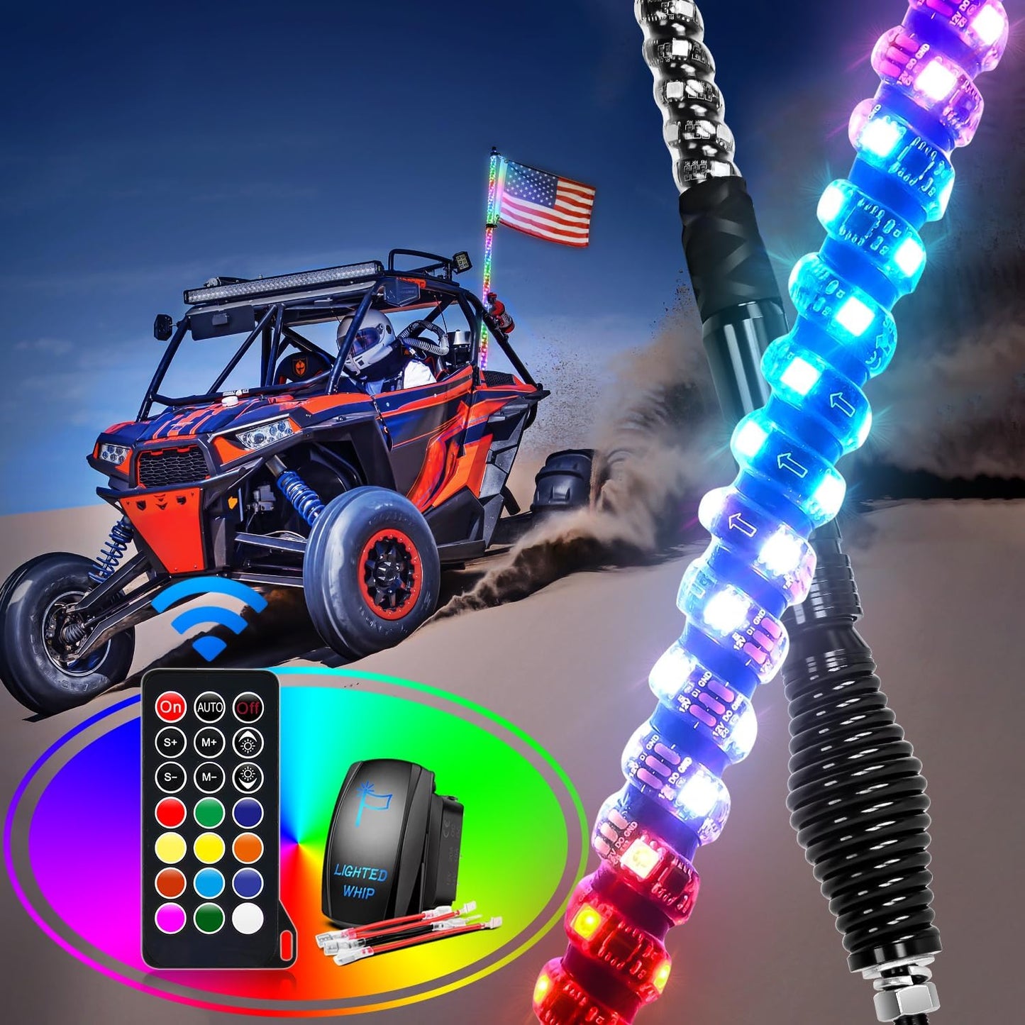 Waywe 1PC 4FT LED Whip Light with Spring Base Spiral RGB Chasing RF Remote Lighted Whips w/ Rocker Switch LED Antenna for UTV ATV Truck Sand Rail Buggy Dune RZR Can-am