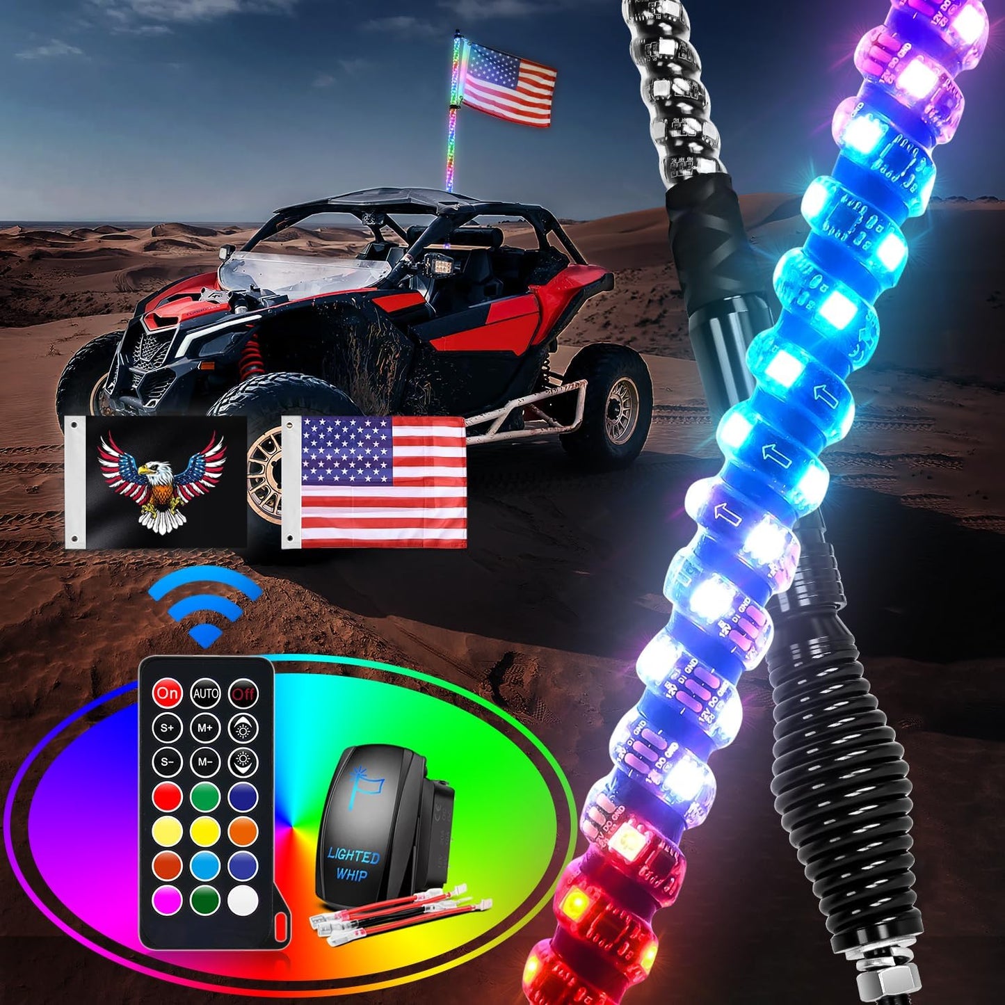 Waywe 1PC 3FT LED Whip Light with Spring Base Spiral RGB Chasing RF Remote Lighted Antenna Whips w/ Rocker Switch for UTV ATV Truck Sand Rail Buggy Dune RZR Can-am