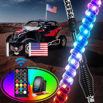 Waywe 1PC 3FT LED Whip Light with Spring Base Spiral RGB Chasing RF Remote Lighted Antenna Whips w/ Rocker Switch for UTV ATV Truck Sand Rail Buggy Dune RZR Can-am