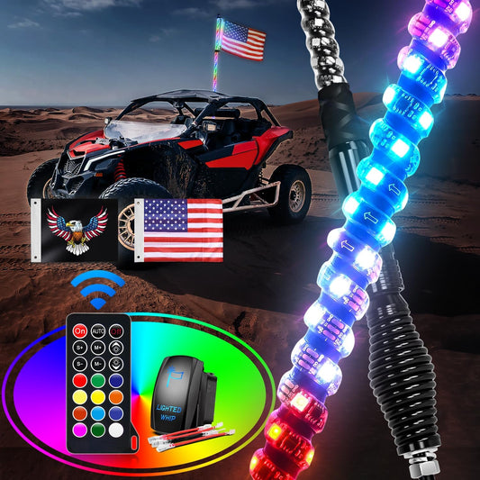 Waywe 1PC 3FT LED Whip Light with Spring Base Spiral RGB Chasing RF Remote Lighted Antenna Whips w/ Rocker Switch for UTV ATV Truck Sand Rail Buggy Dune RZR Can-am
