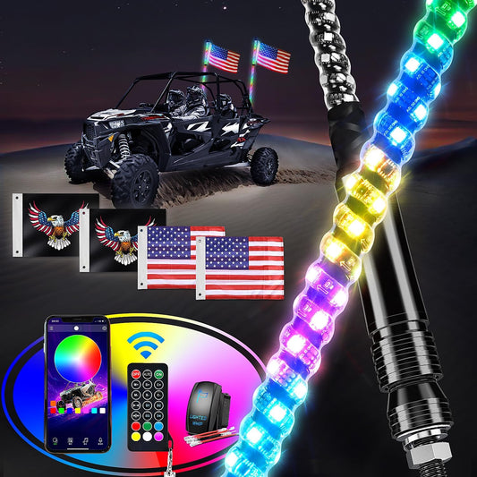 Waywe 2 PCS 4FT LED Whip Light Spiral RGB Chasing Bluetooth App RF Remote Control Stop Turn Reverse Lights Antenna Whips for UTV ATV Truck Buggy Dune RZR Can-am