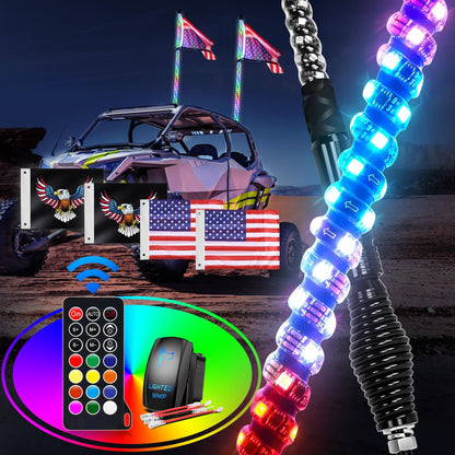 Waywe 2 PCS 5FT LED Whip Light with Spring Base Spiral RGB Chasing RF Remote Lighted Whips w/ Rocker Switch LED Antenna for UTV ATV Truck Sand Rail Buggy Dune RZR Can-am