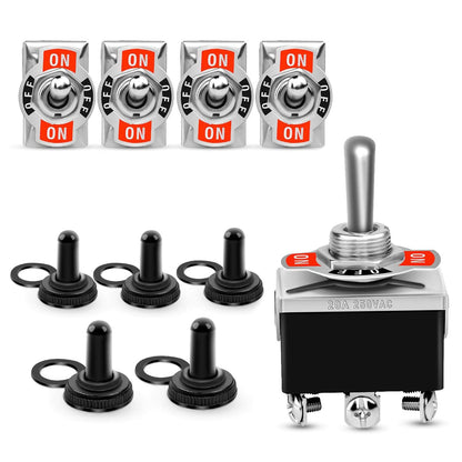 Waywe 5 Pack 6Pin Heavy Duty Rocker Toggle Switch 15A 250V 20A 125V DPDT 6 Pin ON Off ON Switch Metal Bat Waterproof Boot Cap Cover