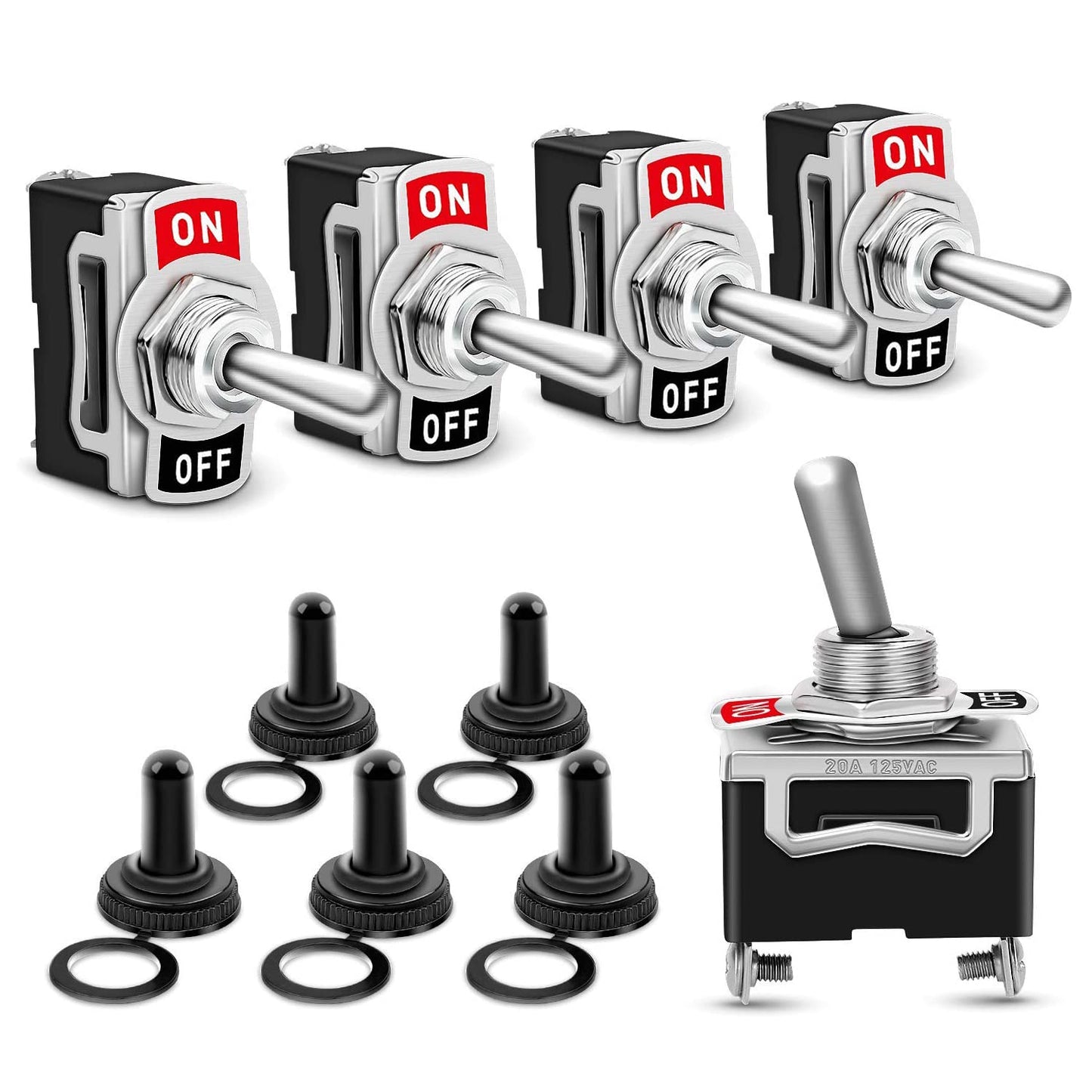 Waywe Heavy Duty Rocker Toggle 15A 250V 20A 125V SPST 2Pin ON Off Switch Metal Bat Waterproof Boot Cap Cover-5 Pack