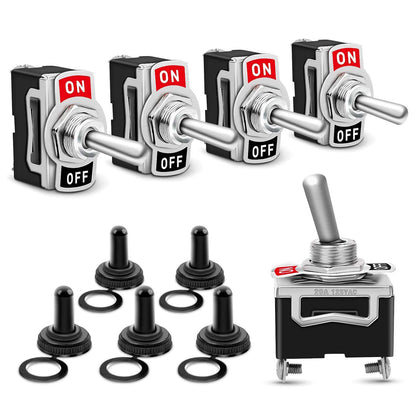 Waywe Heavy Duty Rocker Toggle 15A 250V 20A 125V SPST 2Pin ON Off Switch Metal Bat Waterproof Boot Cap Cover-5 Pack