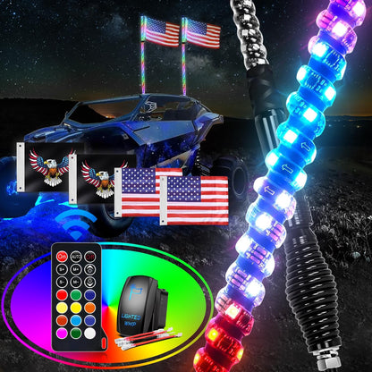 Waywe 2 PCS 4FT LED Whip Light with Spring Base Spiral RGB Chasing RF Remote Lighted Whips w/ Rocker Switch LED Antenna for UTV ATV Truck Sand Rail Buggy Dune RZR Can-am