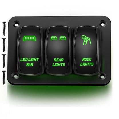 Waywe 3 Gang Rocker Switch Panel Aluminum 5 Pin ON Off Toggle Switch Panel LED Light Bar Switch SPST 12V 24V Green Switches for Marine Boats Cars ATVs UTVs