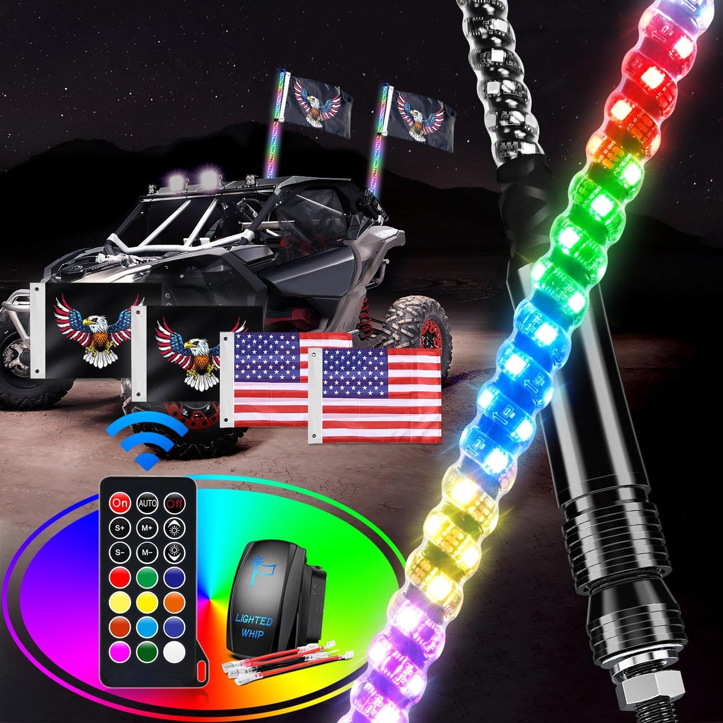 Waywe 2 PCS 4FT LED Whip Light Spiral RGB Chasing RF Remote Durable Lighted Whips w/ Rocker Switch LED Antenna for UTV ATV Truck Sand Rail Buggy Dune RZR Can-am