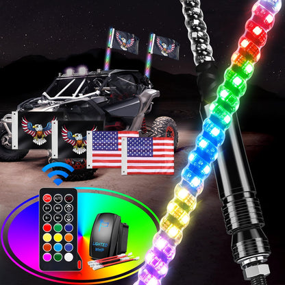 Waywe 2 PCS 4FT LED Whip Light Spiral RGB Chasing RF Remote Durable Lighted Whips w/ Rocker Switch LED Antenna for UTV ATV Truck Sand Rail Buggy Dune RZR Can-am