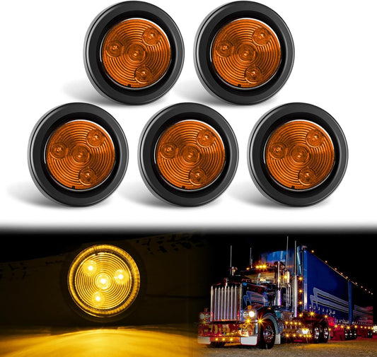 Waywe 2Inch Round Side Marker Light 5PCS Amber 4LED Front Rear Clearance Indicator Lights Flush Mount with Plug Grommet Pigtail Hardwired for Truck Camper RV Boat Trailer