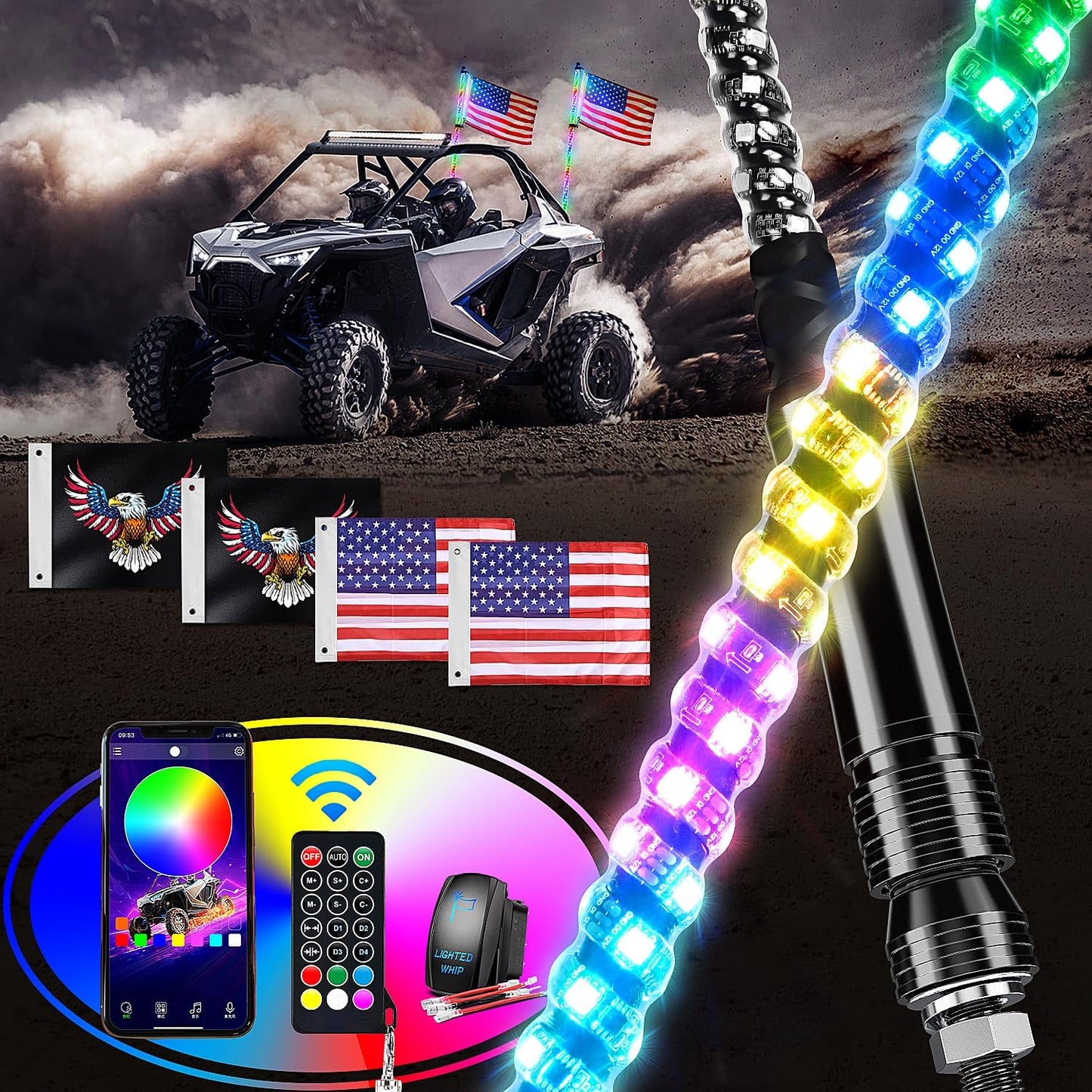 Waywe 2 PCS 3FT LED Whip Light Spiral RGB Chasing Bluetooth App RF Remote Control Stop Turn Reverse Light Antenna Whips for UTV ATV Truck Buggy Dune RZR Can-am