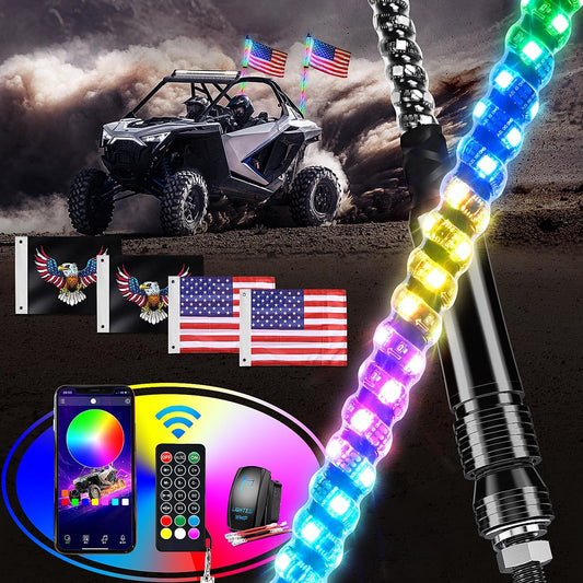 Waywe 2 PCS 3FT LED Whip Light Spiral RGB Chasing Bluetooth App RF Remote Control Stop Turn Reverse Light Antenna Whips for UTV ATV Truck Buggy Dune RZR Can-am