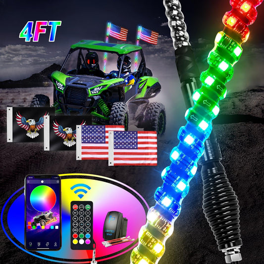 Waywe 2 PCS 4FT LED Whip Light with Spring Base RGB Lighted Bluetooth App RF Remote Control Stop Turn Reverse Antenna Whips for UTV ATV Truck Buggy Dune RZR Can-am