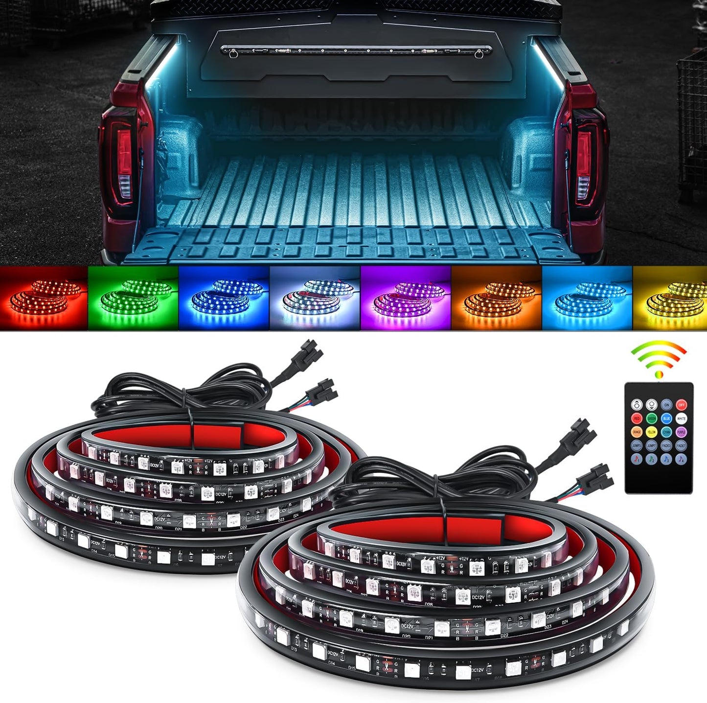 Waywe RGB Truck Bed Light Strip 2PCS 60" 180 LEDs Neon Accent Lighting with RF Remote On/Off Switch Splitter Extension Cable for 12-Volt Car Cargo Pickup SUV RV Boat