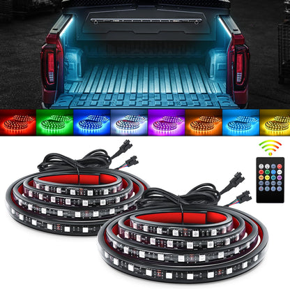 Waywe RGB Truck Bed Light Strip 2PCS 60" 180 LEDs Neon Accent Lighting with RF Remote On/Off Switch Splitter Extension Cable for 12-Volt Car Cargo Pickup SUV RV Boat